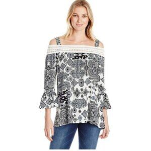 One World  Strappy Off Shoulder Bell Sleeve Sz M Black White Top 95A